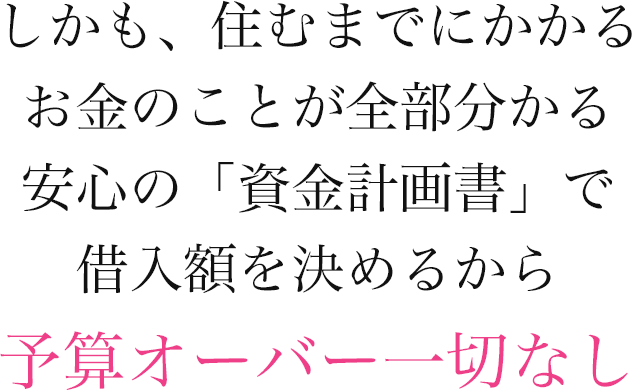 しかも、住むまでにかかるお金のことが全部分かる安心の「資金計画書」で借入額を決めるから予算オーバー一切なし