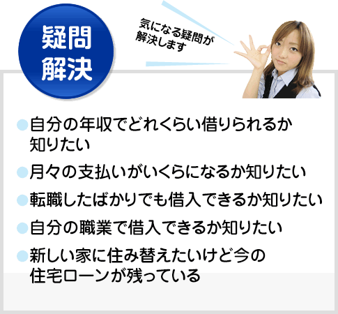 疑問解決 気になる疑問が解決します 住宅ローン審査が通過しなかった自分の年収でどれくらい借りられるか知りたい 月々の支払いがいくらになるか知りたい 転職したばかりでも借入できるか知りたい 自分の職業で借入できるか知りたい 新しい家に住み替えたいけど今の住宅ローンが残っている