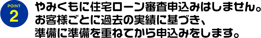 やみくもに住宅ローン審査申込みはしません。お客様ごとに過去の実績に基づき、準備に準備を重ねてから申込みをします。