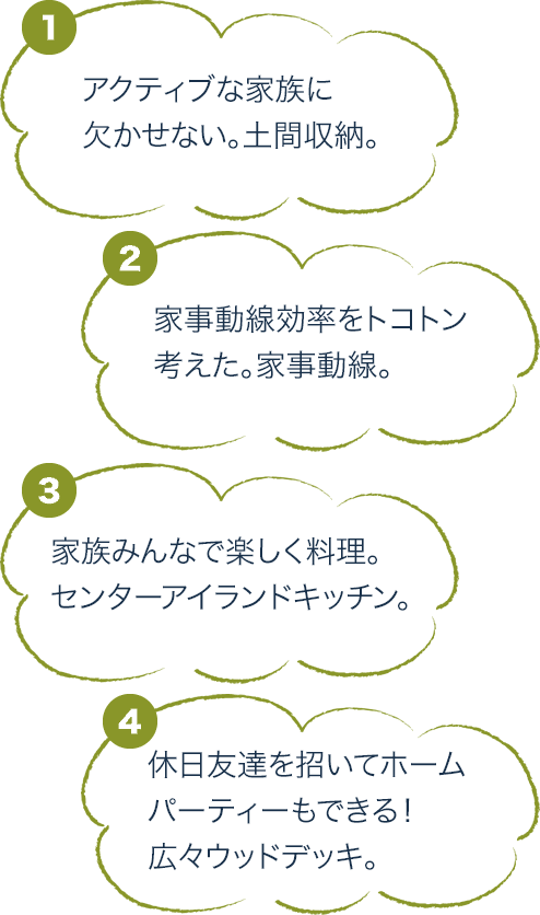 アクティブな家族に欠かせない土間収納。家事動線効率をトコトン考えた家事動線。家族みんなで楽しく料理センターアイランドキッチン。休日友達を招いてホームパーティーもできる広々ウッドデッキ。